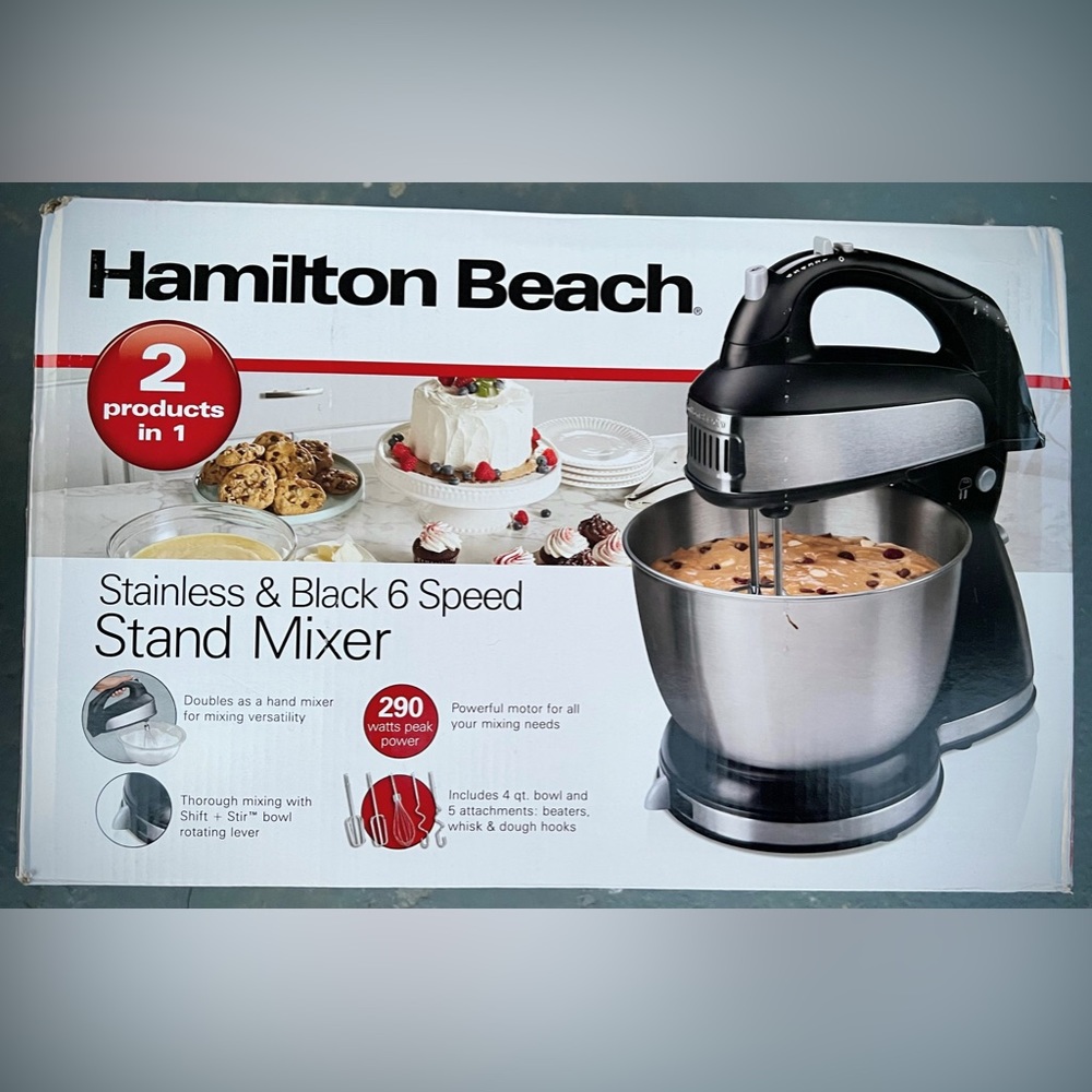 NEW Hamilton Beach 2-in-1 Stand and Hand Mixer 6 Speed 4 qt 5 Attachments